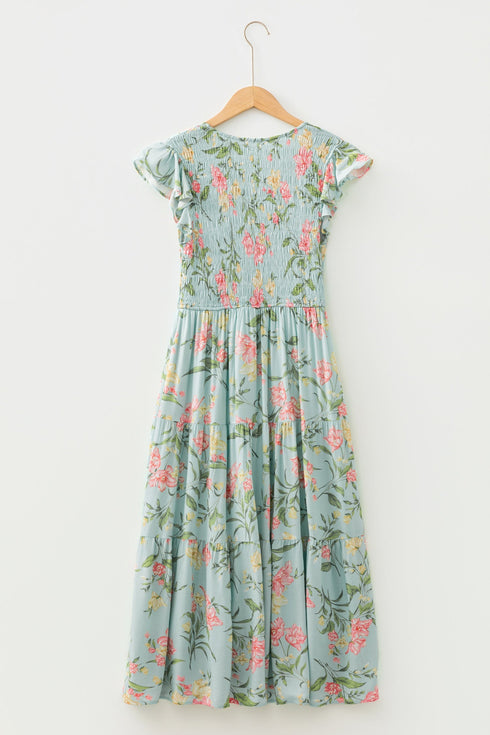 Sleeveless Ruffled Smocked Bodice Floral Print Tiered Maxi Dress