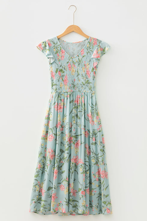 Sleeveless Ruffled Smocked Bodice Floral Print Tiered Maxi Dress