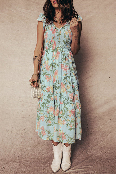 Sleeveless Ruffled Smocked Bodice Floral Print Tiered Maxi Dress