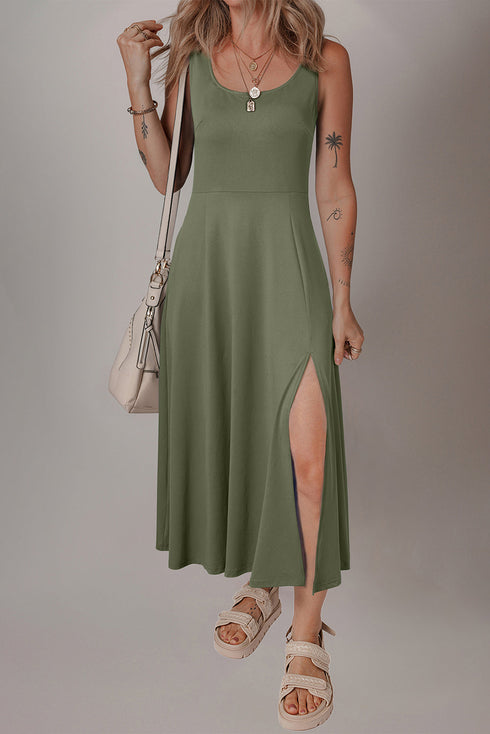 Sleeveless Scoop Neck Flared Split Midi Dress