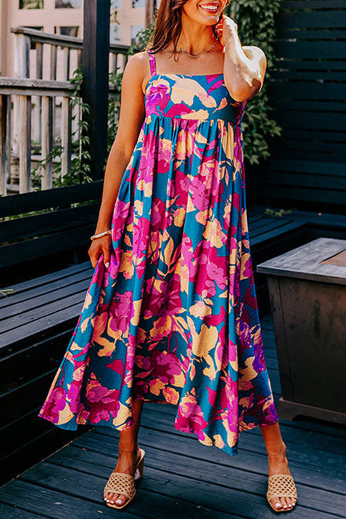 Sleeveless Square Neck Empire Waist Floral Maxi Dress