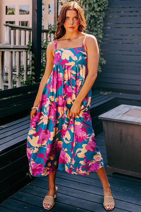 Sleeveless Square Neck Empire Waist Floral Maxi Dress