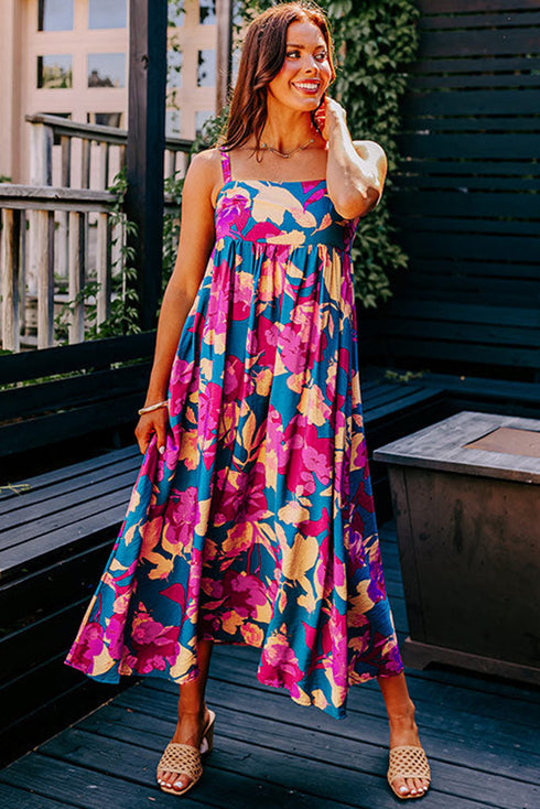 Sleeveless Square Neck Empire Waist Floral Maxi Dress