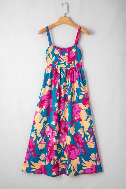 Sleeveless Square Neck Empire Waist Floral Maxi Dress