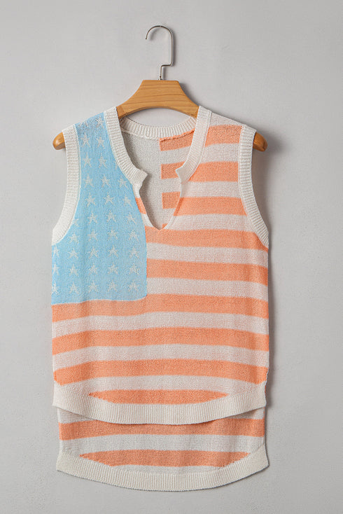 Sleeveless Star And Stripe Notched Neckline Knit Top
