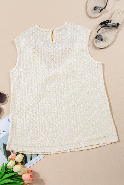 Sleeveless Textured Lace Yoke High Neck Blouse