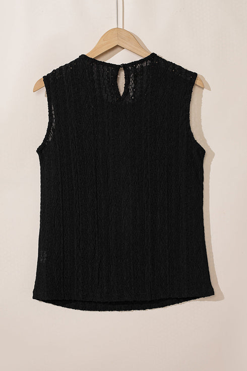 Sleeveless Textured Lace Yoke High Neck Blouse