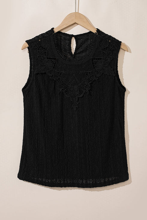 Sleeveless Textured Lace Yoke High Neck Blouse