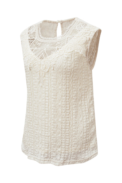Sleeveless Textured Lace Yoke High Neck Blouse