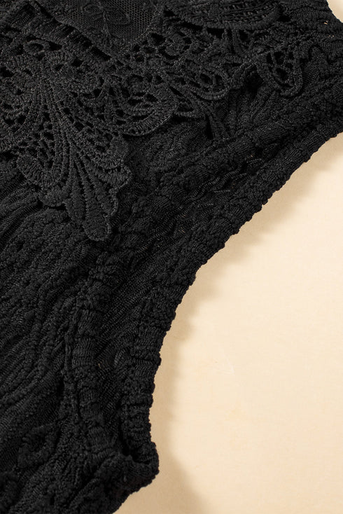 Sleeveless Textured Lace Yoke High Neck Blouse