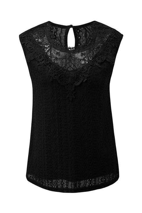 Sleeveless Textured Lace Yoke High Neck Blouse