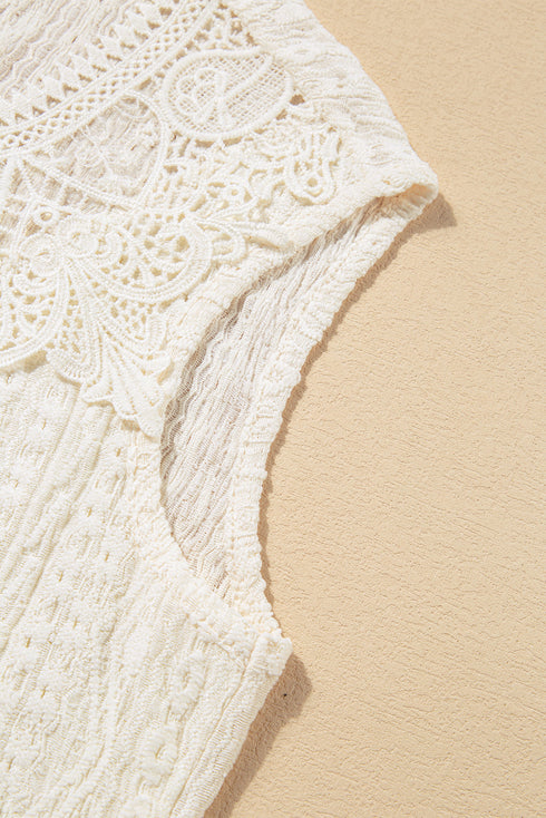Sleeveless Textured Lace Yoke High Neck Blouse