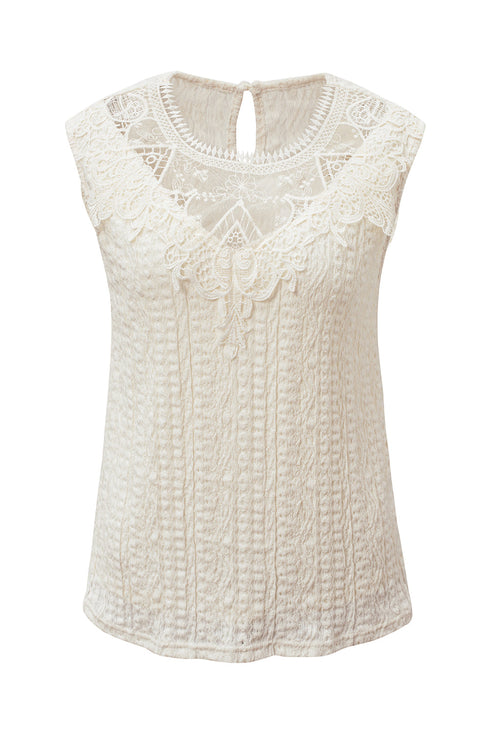 Sleeveless Textured Lace Yoke High Neck Blouse