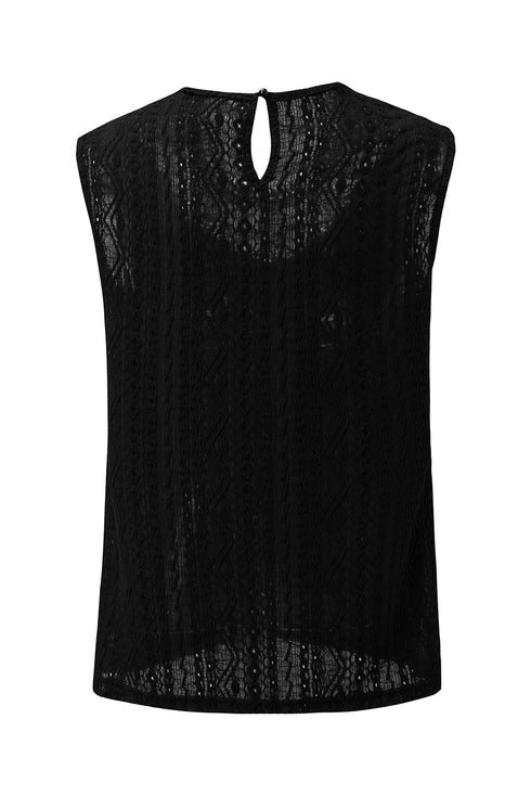 Sleeveless Textured Lace Yoke High Neck Blouse
