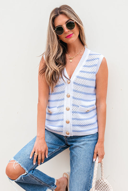 Sleeveless Textured Striped Button Front Sweater Vest