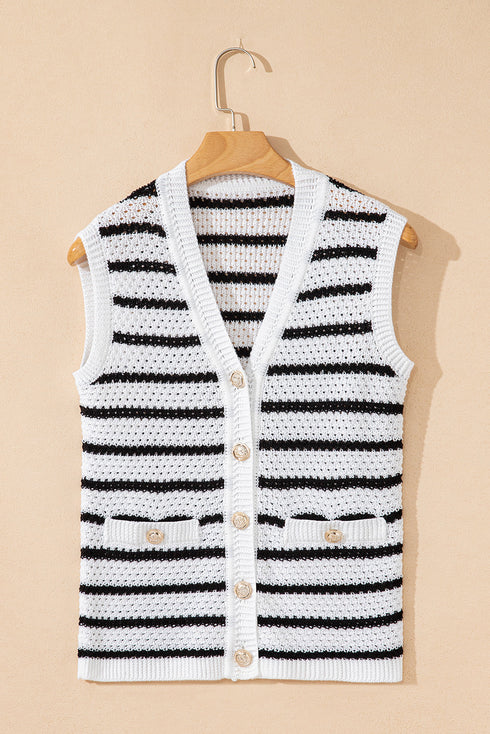 Sleeveless Textured Striped Button Front Sweater Vest