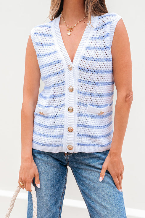 Sleeveless Textured Striped Button Front Sweater Vest
