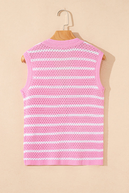 Sleeveless Textured Striped Button Front Sweater Vest