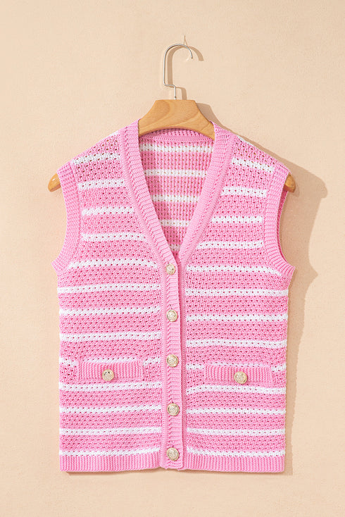 Sleeveless Textured Striped Button Front Sweater Vest