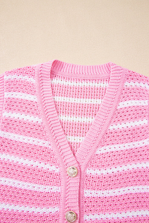 Sleeveless Textured Striped Button Front Sweater Vest