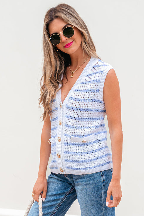 Sleeveless Textured Striped Button Front Sweater Vest