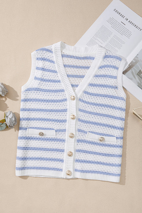 Sleeveless Textured Striped Button Front Sweater Vest