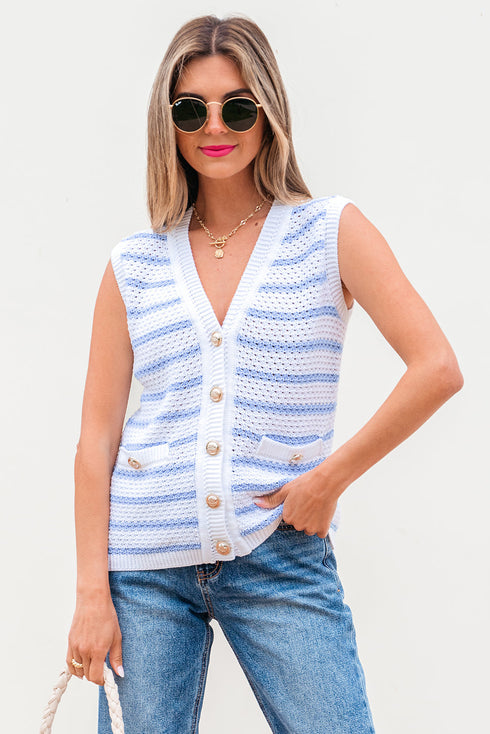 Sleeveless Textured Striped Button Front Sweater Vest