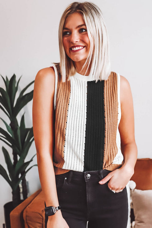 Sleeveless Textured Striped Pointelle Knit Tank Top