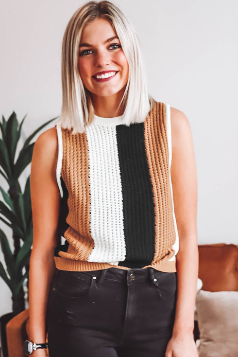 Sleeveless Textured Striped Pointelle Knit Tank Top