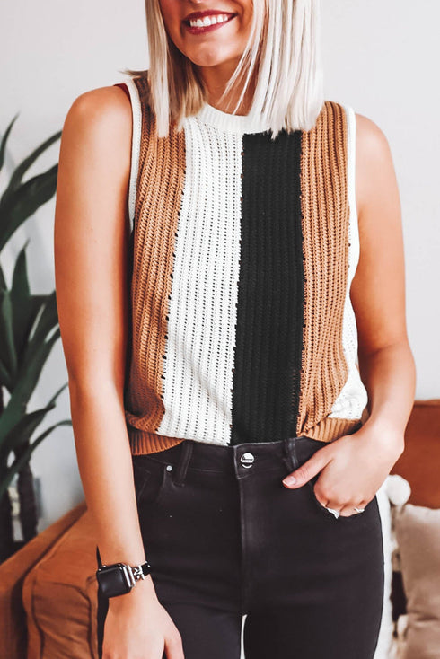 Sleeveless Textured Striped Pointelle Knit Tank Top