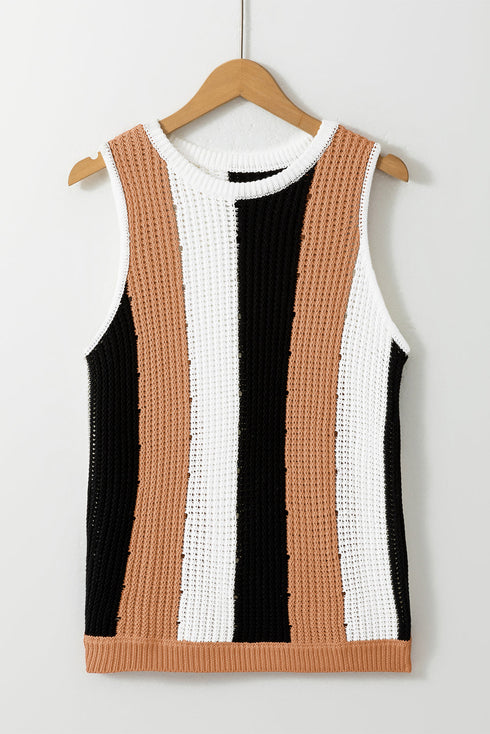 Sleeveless Textured Striped Pointelle Knit Tank Top