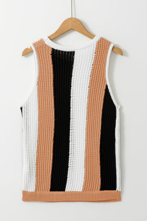 Sleeveless Textured Striped Pointelle Knit Tank Top