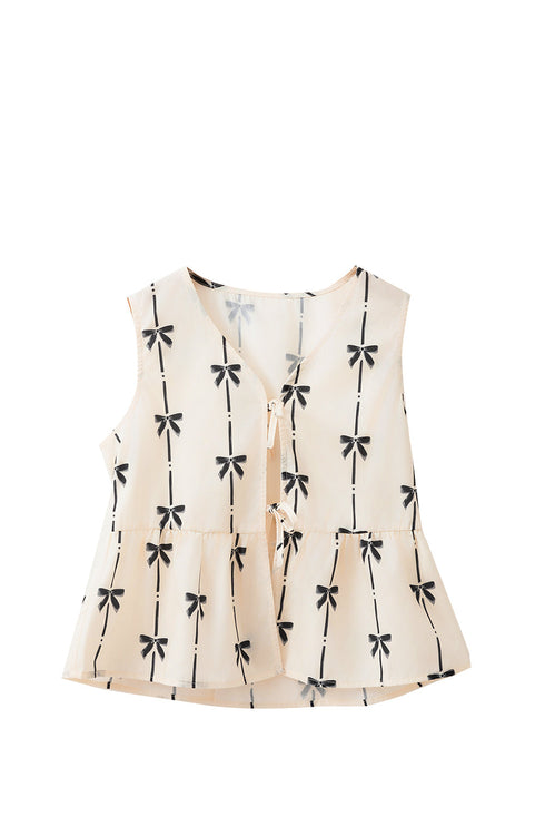 Sleeveless Tie Front Bow Print Peplum Top