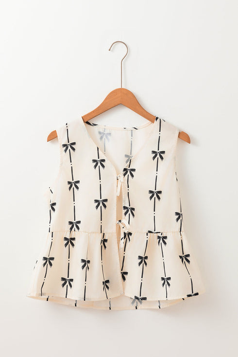 Sleeveless Tie Front Bow Print Peplum Top
