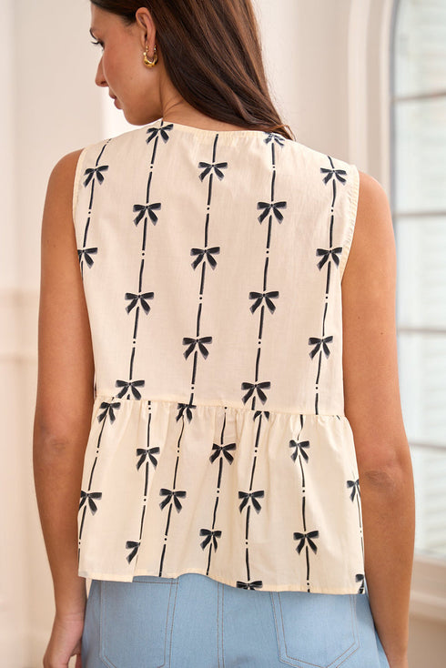 Sleeveless Tie Front Bow Print Peplum Top