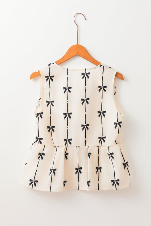 Sleeveless Tie Front Bow Print Peplum Top