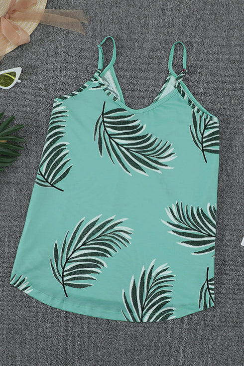 Sleeveless Tropical Leaf Print Knit Tank Top