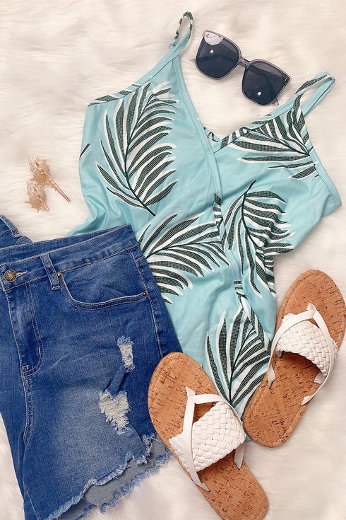 Sleeveless Tropical Leaf Print Knit Tank Top
