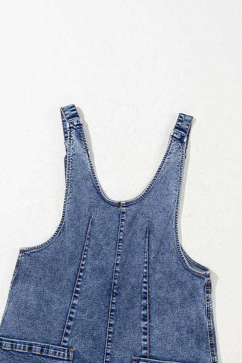 Sleeveless U Neck Solid Denim Patched Pocket Romper