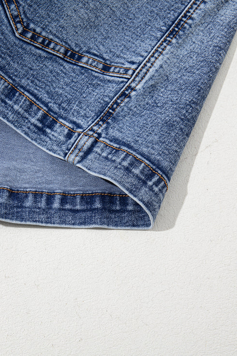 Sleeveless U Neck Solid Denim Patched Pocket Romper