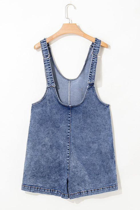 Sleeveless U Neck Solid Denim Patched Pocket Romper