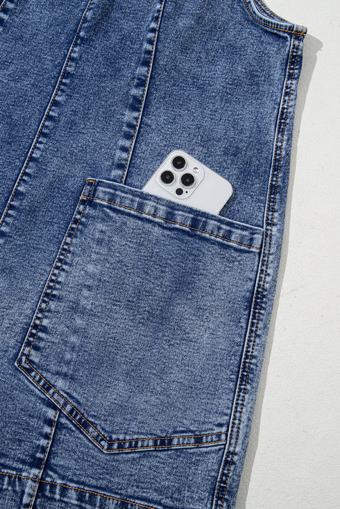 Sleeveless U Neck Solid Denim Patched Pocket Romper