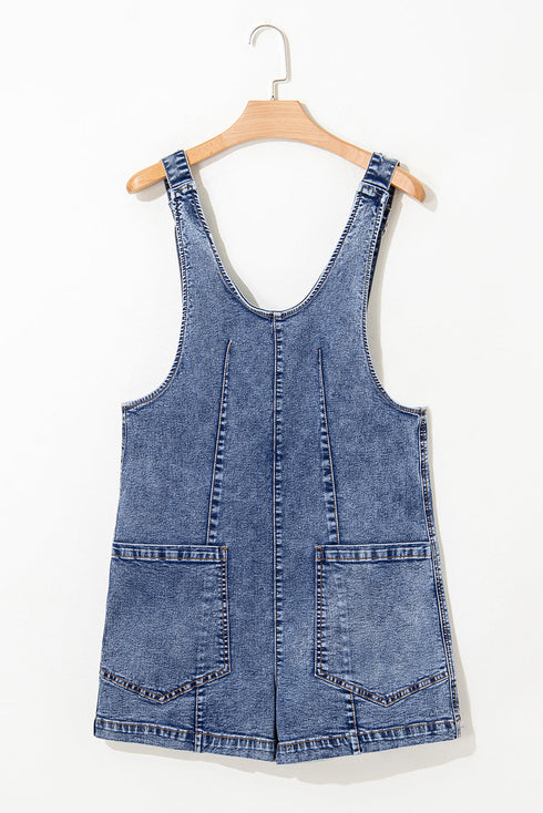 Sleeveless U Neck Solid Denim Patched Pocket Romper