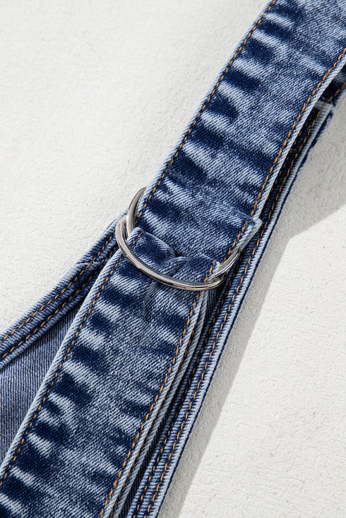 Sleeveless U Neck Solid Denim Patched Pocket Romper