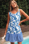 Sleeveless U Neck Striped Patchwork Ruffle Hem Floral Dress
