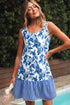 Sleeveless U Neck Striped Patchwork Ruffle Hem Floral Dress