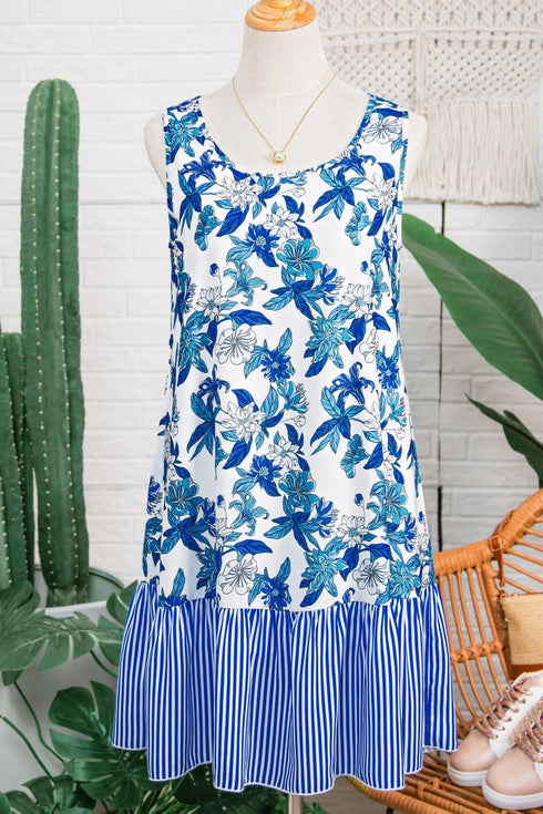 Sleeveless U Neck Striped Patchwork Ruffle Hem Floral Dress