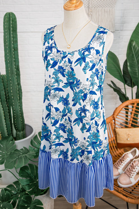 Sleeveless U Neck Striped Patchwork Ruffle Hem Floral Dress
