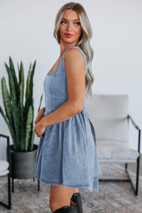 Sleeveless V Back Tie Bow Detail Fit And Flare Denim Mini Dress