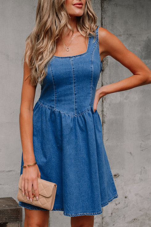 Sleeveless V Back Tie Bow Detail Fit And Flare Denim Mini Dress